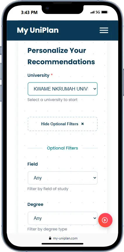 Select university preferences in My UniPlan app